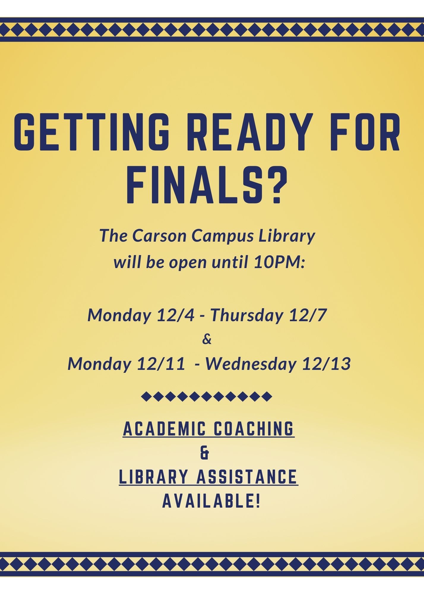 The library will be open until 10 p.m. the week before finals and the week of finals.